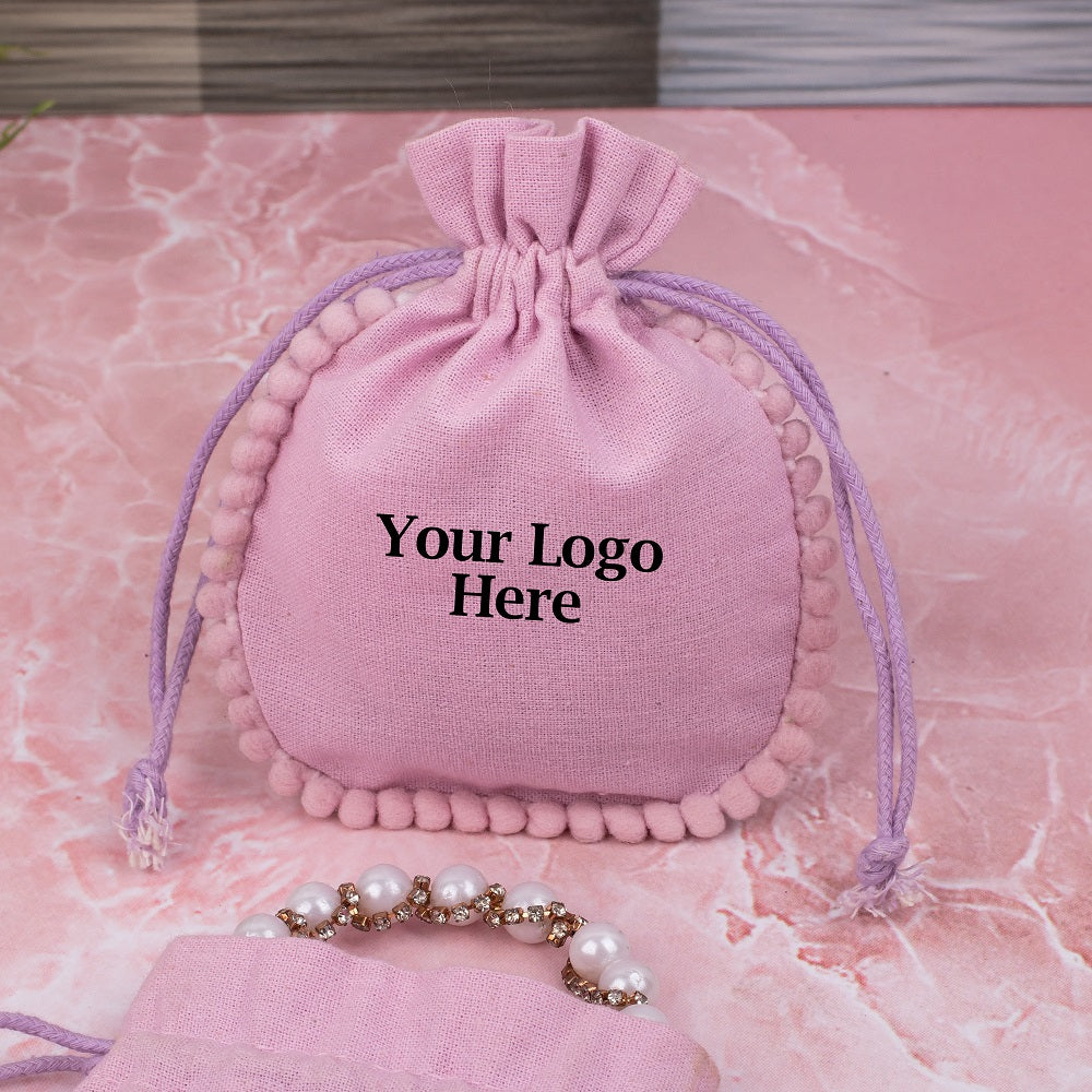 Light Pink Designer Cotton Pouches & Bags For Packaging, Wedding Favor Bags With Brand Logo