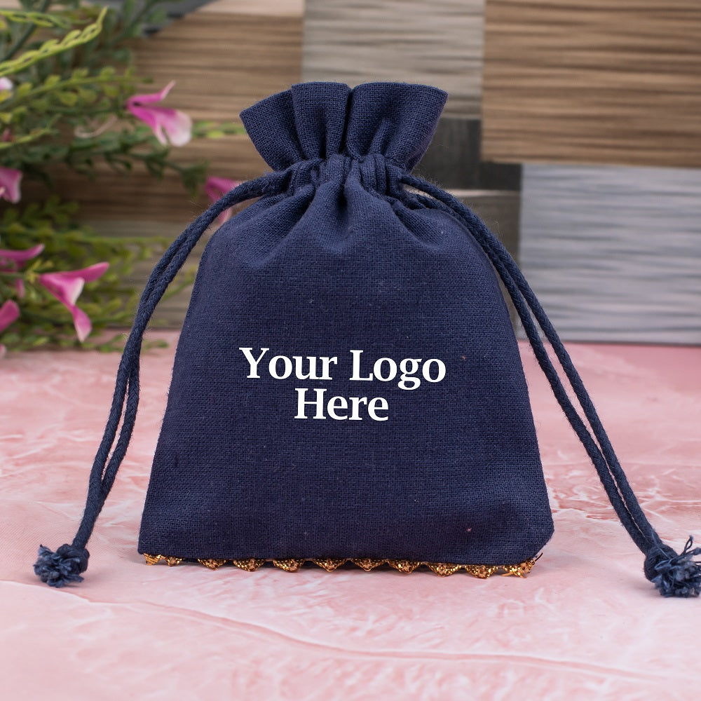 Blue Designer Cotton Jewelry Pouches & Bags for Packaging With Brand Logo, Wedding Favor Bags