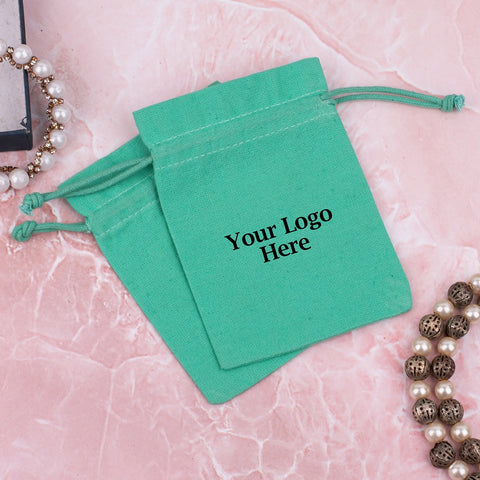 Green Cotton Jewelry Pouches for Packaging With Brand Logo Print