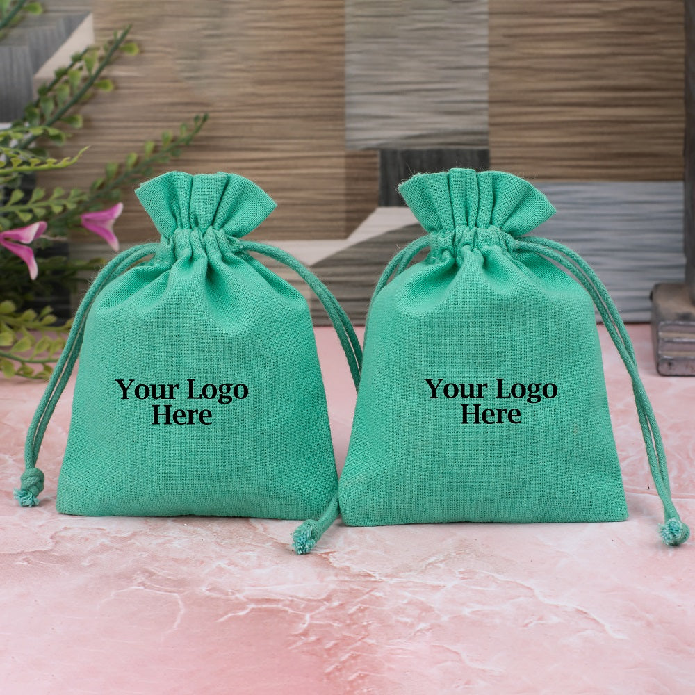 Green Cotton Jewelry Pouches for Packaging With Brand Logo Print