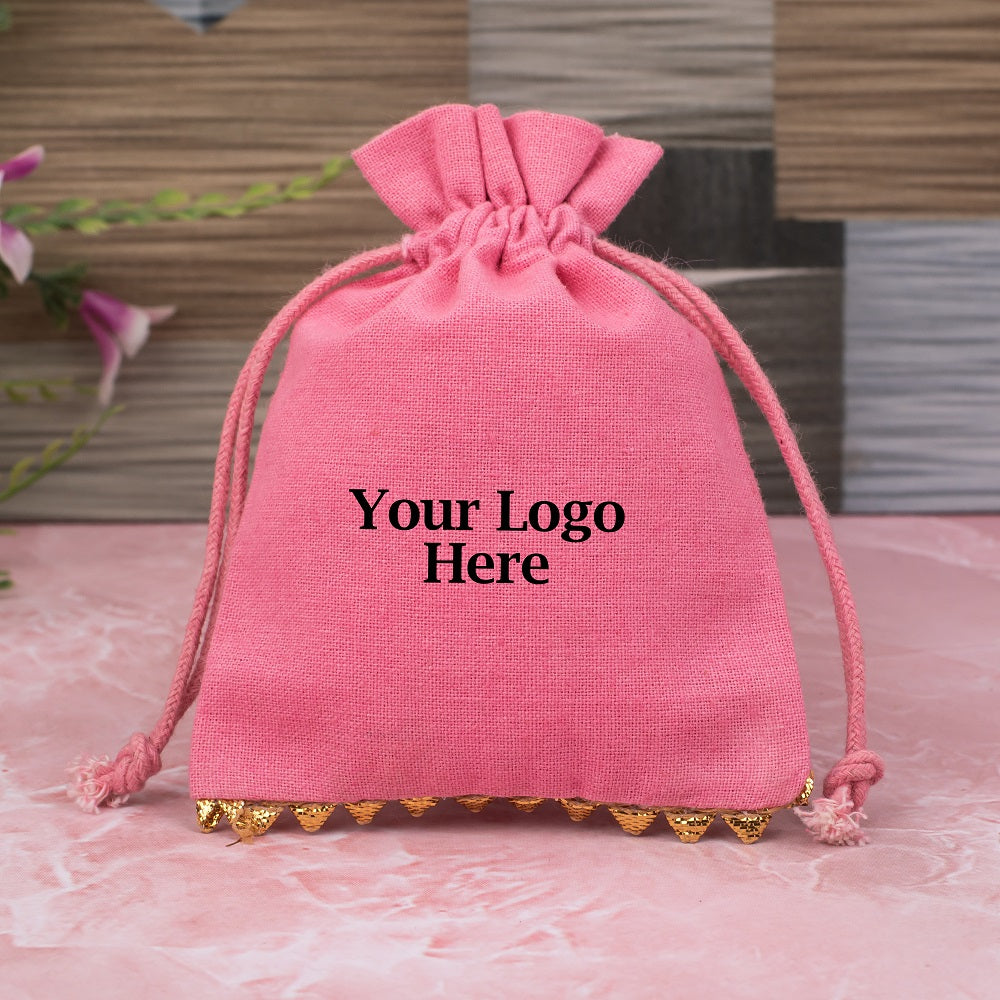 Antique Pink Cotton Designer Pouches & Bags For Jewelry Packaging, Wedding Favor Bags With Brand Logo