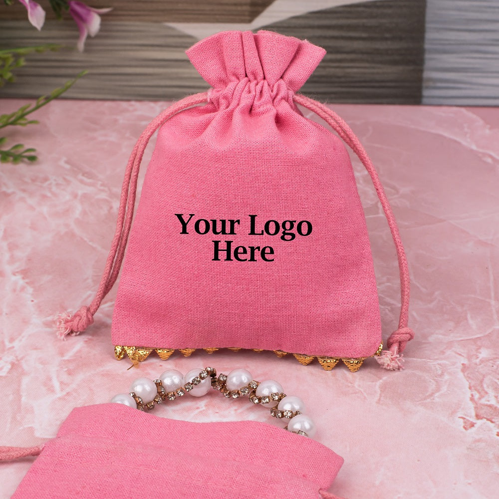 Antique Pink Cotton Designer Pouches & Bags For Jewelry Packaging, Wedding Favor Bags With Brand Logo