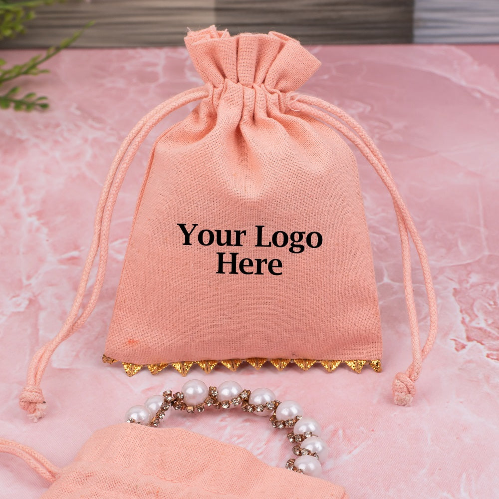 Ruddy Pink Designer Cotton Pouches & Bags For Packaging, Wedding Favor Bags With Brand Logo