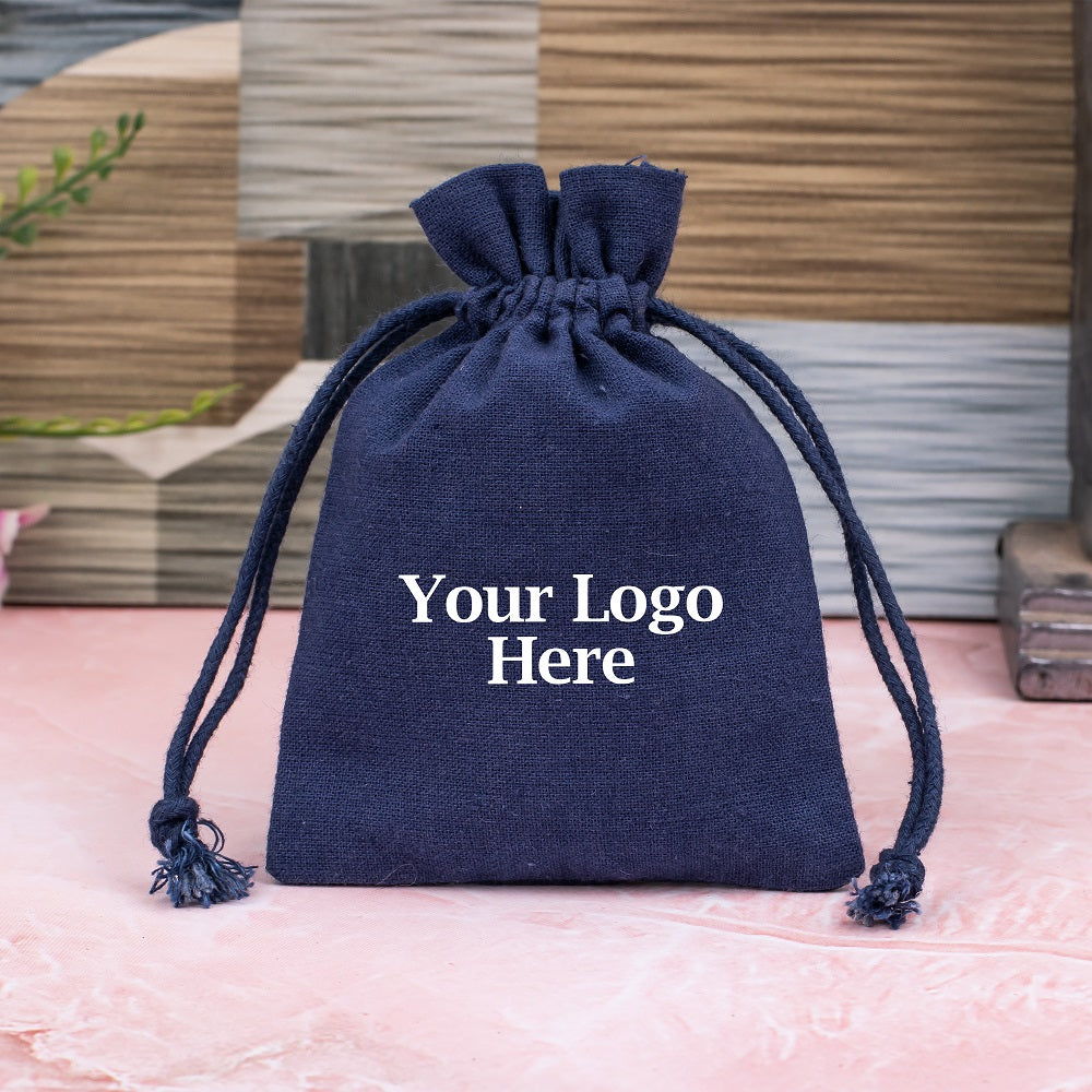 Blue Cotton Drawstring Jewelry Pouch, Wedding Favor Bags With Brand Logo Print