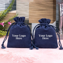 Blue Cotton Drawstring Jewelry Pouch, Wedding Favor Bags With Brand Logo Print