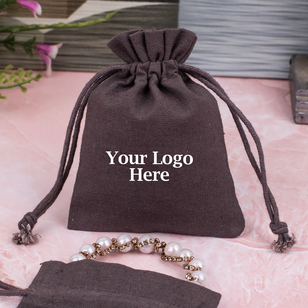 Brown Drawstring Pouch for Jewelry Packaging With Brand Logo Print, Gift Wrapping Pouches