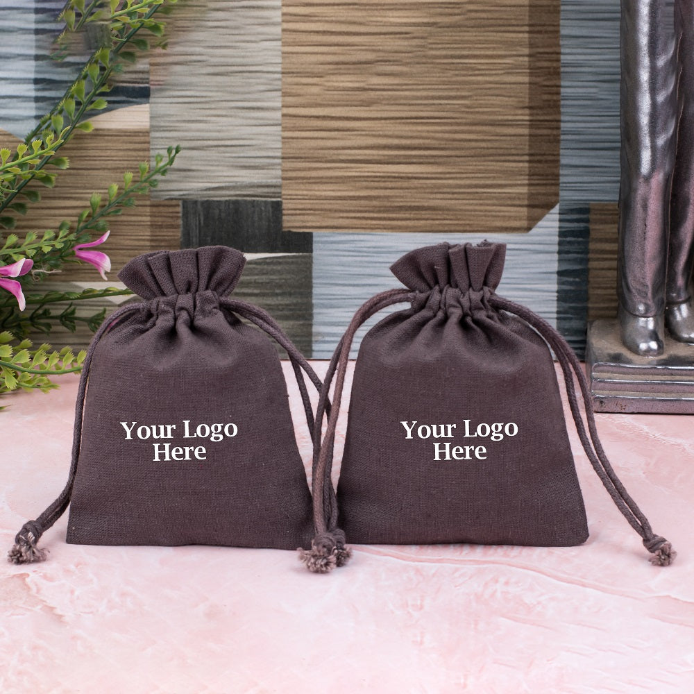 Brown Drawstring Pouch for Jewelry Packaging With Brand Logo Print, Gift Wrapping Pouches