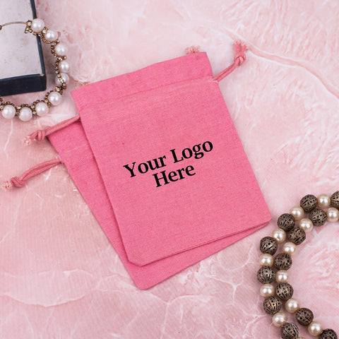 Pink Cotton Jewelry Pouches for Packaging With Brand Logo Print