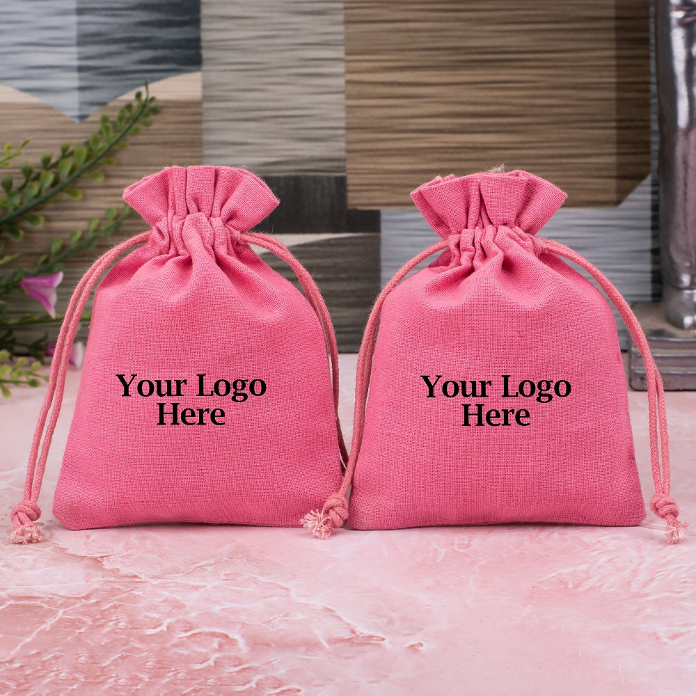 Pink Cotton Jewelry Pouches for Packaging With Brand Logo Print