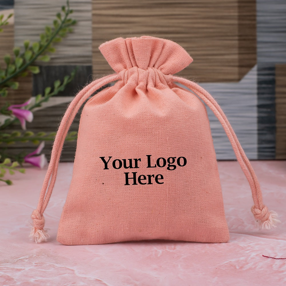 Antique Pink Cotton Drawstring Jewelry Packaging Pouch With Brand Logo Print