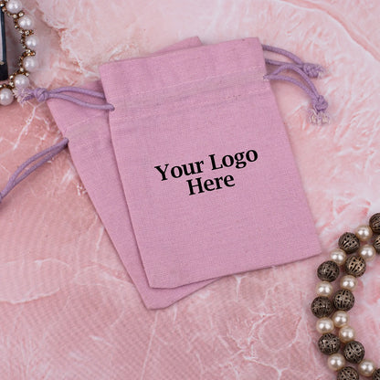 Light Pink Cotton Jewelry Pouches for Packaging With Brand Logo, Wedding Favor Bags