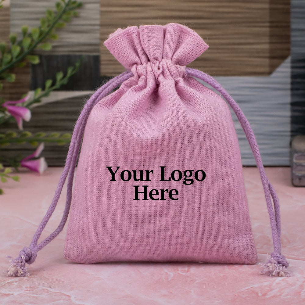 Light Pink Cotton Jewelry Pouches for Packaging With Brand Logo, Wedding Favor Bags