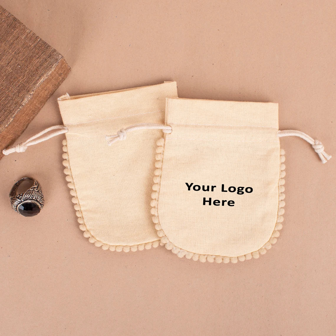 100 Custom Drawstring Jewelry Packaging Pouch Personalized Logo Wedding Favor Bags Round Pompom Cotton Jewelry Pouch