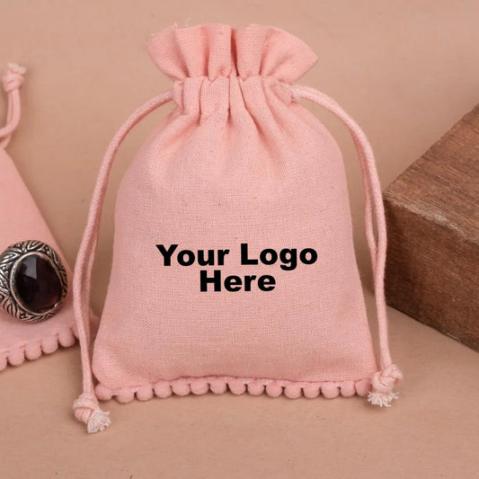 100 Drawstring Bags with Logo, Eco Friendly Pouches, Cotton Pouch For Jewelry, Custom Printed Pouch with Bottom PomPom