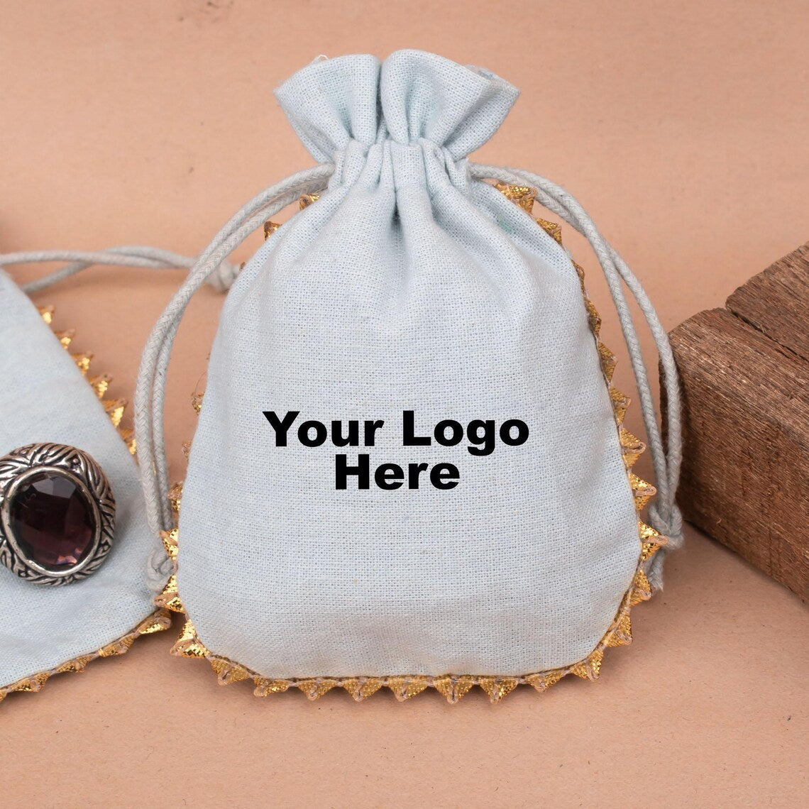 100 Personalized Drawstring Wedding Favor Bags, Designer Jewelry Packaging Pouches With Round Golden Lace, Customize Bags With Logo