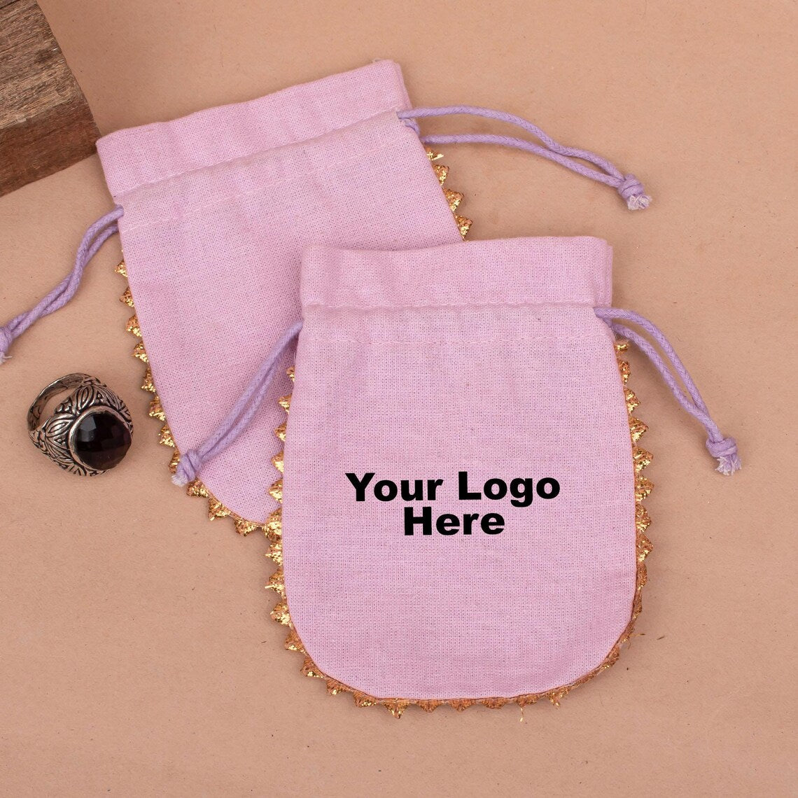 100 Eco-Friendly Jewelry Pouches, Custom Logo Pouch, Round Lace Designer Cotton Pouch, Sustainable And Eco-friendly Packaging