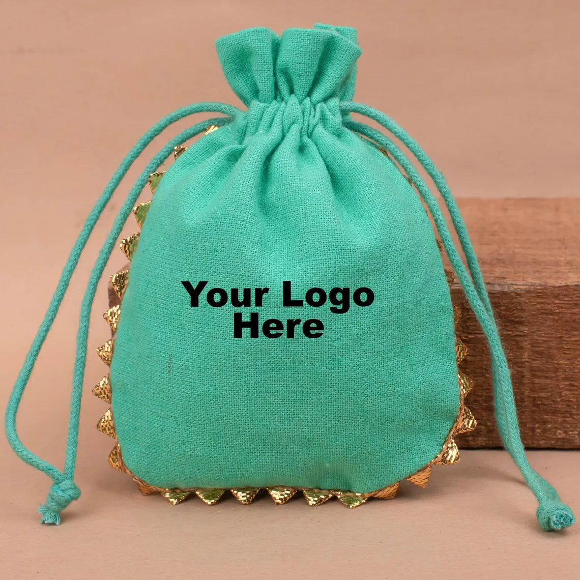 100 Vibrant Teal Designer Pouch: Handcrafted with Playful Round Gold Lace