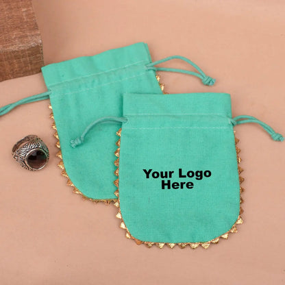 100 Vibrant Teal Designer Pouch: Handcrafted with Playful Round Gold Lace