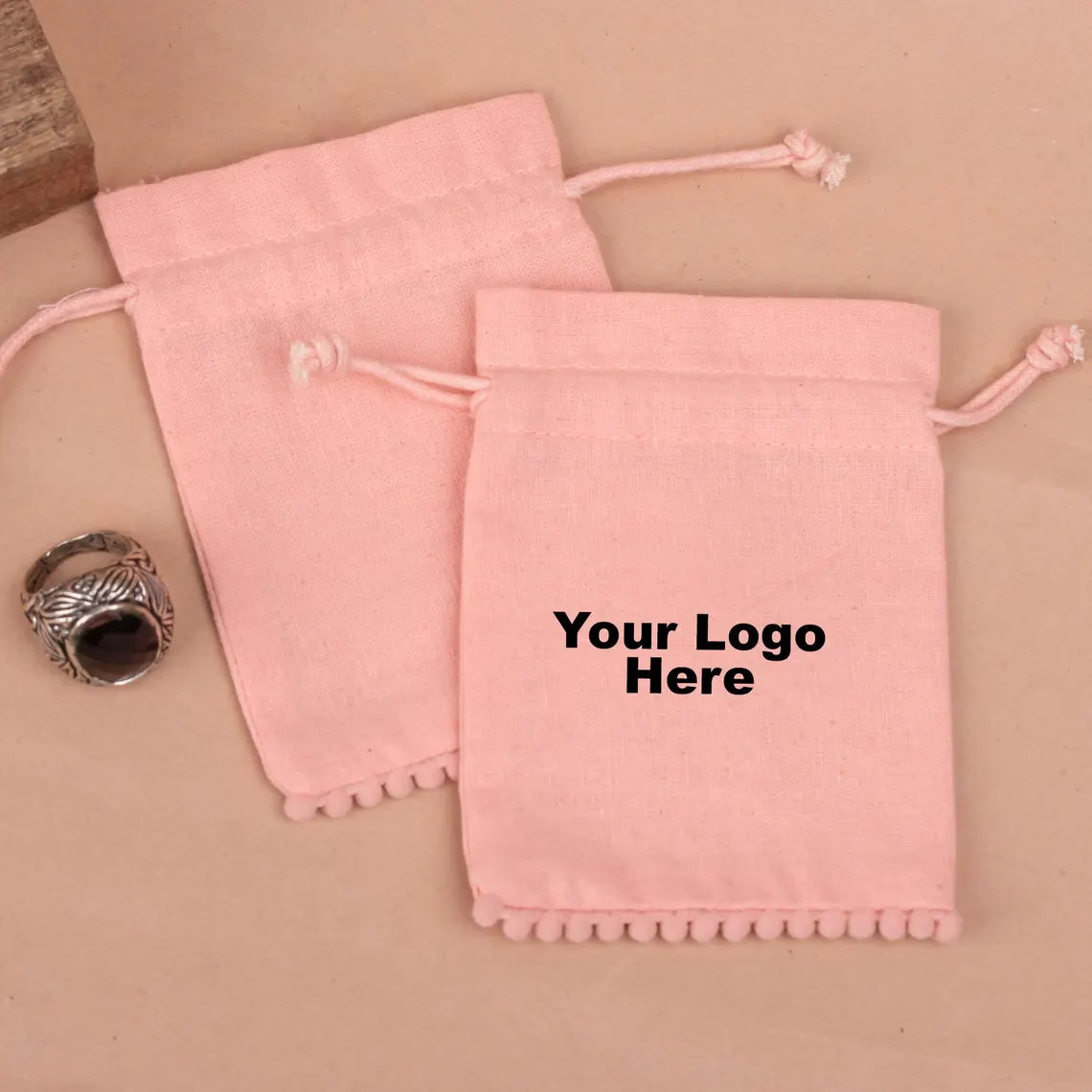 100 Drawstring Bags with Logo, Eco Friendly Pouches, Cotton Pouch For Jewelry, Custom Printed Pouch with Bottom PomPom