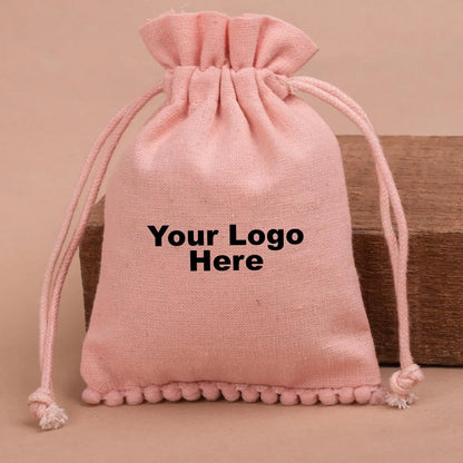 100 Drawstring Bags with Logo, Eco Friendly Pouches, Cotton Pouch For Jewelry, Custom Printed Pouch with Bottom PomPom