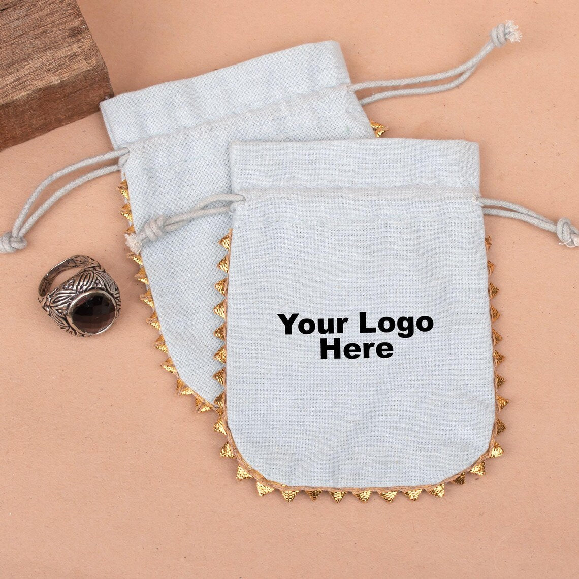 100 Personalized Drawstring Wedding Favor Bags, Designer Jewelry Packaging Pouches With Round Golden Lace, Customize Bags With Logo