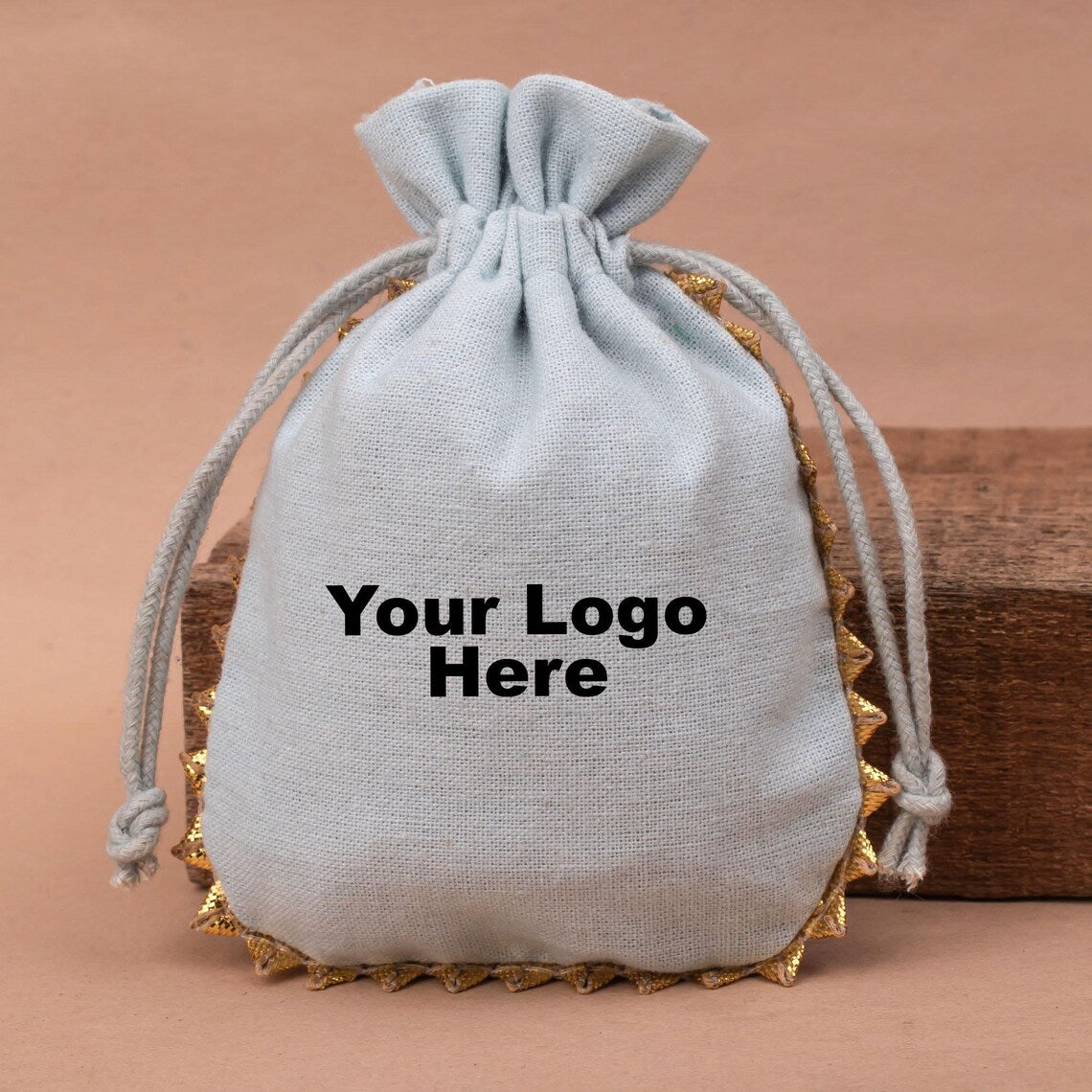 100 Personalized Drawstring Wedding Favor Bags, Designer Jewelry Packaging Pouches With Round Golden Lace, Customize Bags With Logo