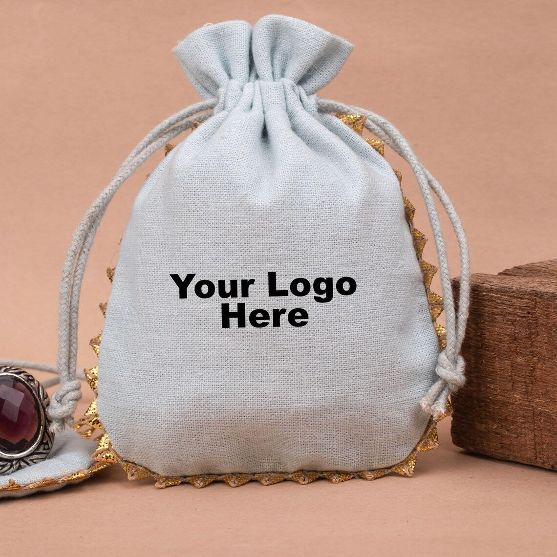 100 Personalized Drawstring Wedding Favor Bags, Designer Jewelry Packaging Pouches With Round Golden Lace, Customize Bags With Logo