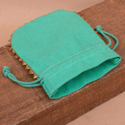 100 Vibrant Teal Designer Pouch: Handcrafted with Playful Round Gold Lace