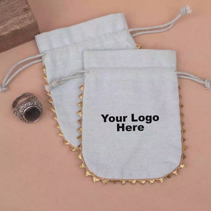 100 Personalized Drawstring Wedding Favor Bags, Designer Jewelry Packaging Pouches With Round Golden Lace, Customize Bags With Logo