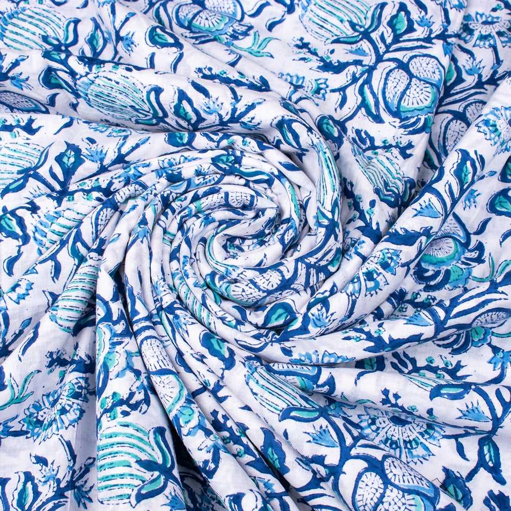 Hand Block Printed Cotton Multi Floral Azureish White Fabric